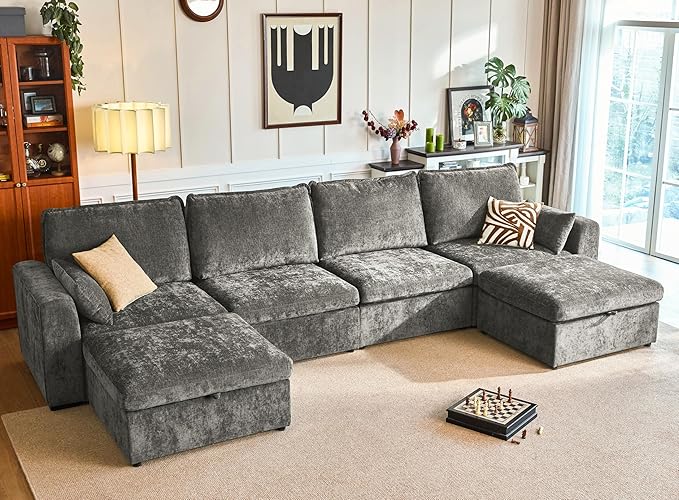 Oversized Modular Sofa Comfy Cloud Couch with Storage, Extra Deep Plush Sectional Sofa Set for Living Room, Covers Washable, Chenille, Olar (Grey, 6-Seater with 2 Ottomans, u-Shaped)