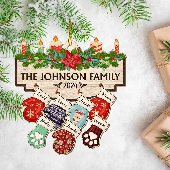 Family with Pet Ver 2 - Personalized Custom Wood Ornament, Family Gloves Christmas Ornament 2024, Xmas Ornament Gifts for Family Tree Decoration (A06, 10 Names)