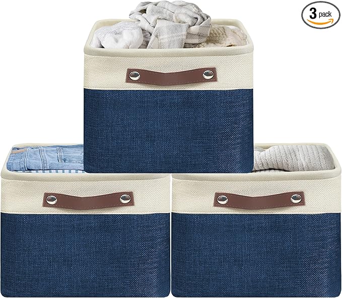 SIMPLE HOUSEWARE Large Fabric Storage Bin, 15" x 11" with Leather Like Handles, 3 Pack, Steel Blue