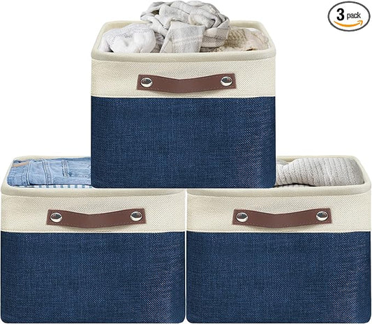 SIMPLE HOUSEWARE Large Fabric Storage Bin, 15" x 11" with Leather Like Handles, 3 Pack, Steel Blue