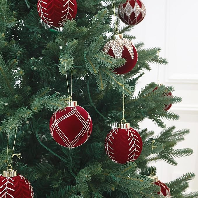 3.15INCH Burgundy Velvet Ornaments for Christmas Tree, 12PCS Glitter Flocked Christmas Ornaments Decorations Balls Set Decor