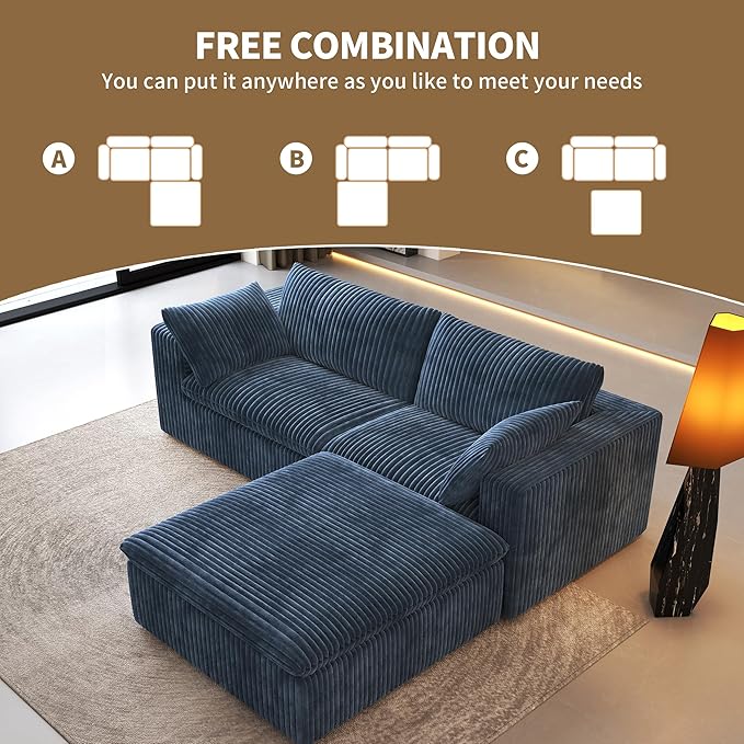 78.74" L Shaped Modern Sofa Modular Sectional Cloud Couch with Ottoman,Upholstered Couches with Plush Corduroy Fabric for Living Room Furniture,Bedroom and Apartment,No Assembly Required,Blue
