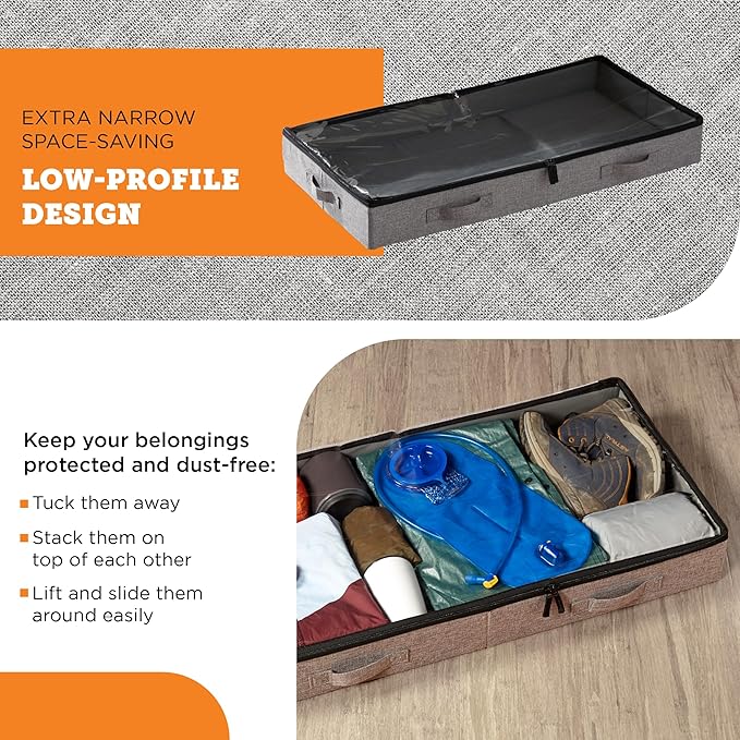 storageLAB Under Bed Storage Containers, Low Profile Underbed Organizers with Sturdy Handles, Dual Zippers, and Clear Windows, Ideal for Clothes, Pillows, and Blankets - 2 Pack, Low Profile, Gray