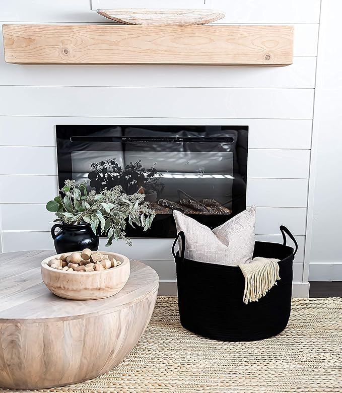 OrganiHaus Large Laundry Basket, Woven Cotton Rope Basket for Blankets, Toy Storage, Nursery Hamper, Living Room Decor Organizer, Soft & Durable Hamper with Handles, 20x13 inches - Black