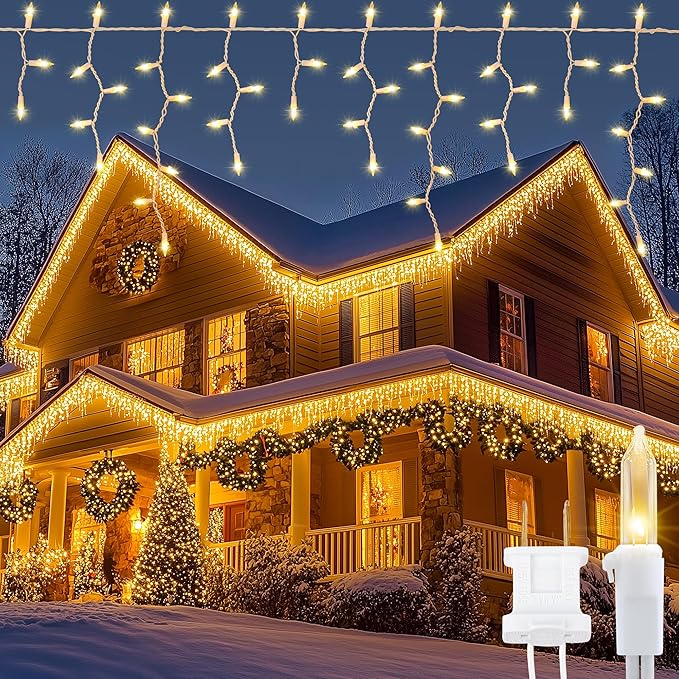 Icicle Lights Outdoor,Oopswow 23FT 200 Connectable Icicle Christmas Lights,Warm White Plug in Curtain String Lights for Indoor Wedding Party Holiday Xmas Yard Patio Window Decorations1