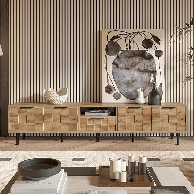 Modern TV Stand for TVs up to 85", Mid-Century Media Console with Checkered Cabinet Doors, Storage Drawers & Open Shelves, Wood Entertainment Center with Metal Legs