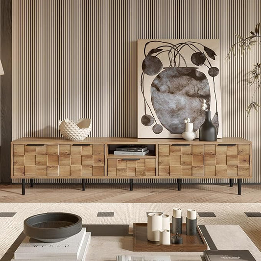 Modern TV Stand for TVs up to 85", Mid-Century Media Console with Checkered Cabinet Doors, Storage Drawers & Open Shelves, Wood Entertainment Center with Metal Legs