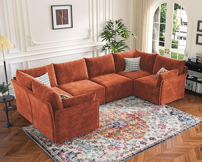 135.5" Oversized Modular Sectional Sofa, L Shaped Convertible Couch with Movable Ottoman, Large 6 Seat Corner Couches for Living Room Deep Seat Terracotta Orange Chenille