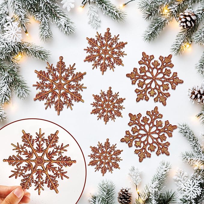 36pcs Snowflakes-Christmas Tree Decorations, Snowflake Ornaments for Tree, Plastic Glitter Red Gold Snow Flakes Ornaments, Christmas Indoor Winter Wonderland Frozen Birthday Party Holiday Home Decor