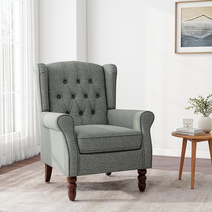 Accent Chair, Upholstered Armchair with Button Tufted High Back & Solid Wood Legs, Comfy Wingback Reading Single Sofa Chair for Small Spaces, Living Room, Bedroom (Grey, Set of 1)
