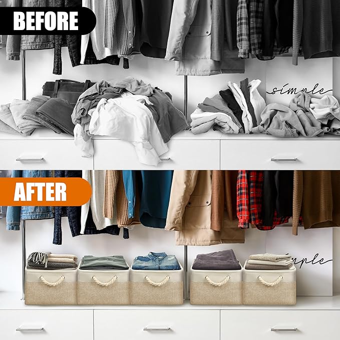 SIMPLE HOUSEWARE Large Fabric Storage Bin, 15.7" x 12" with Braided Handles, 3 Pack, Beige