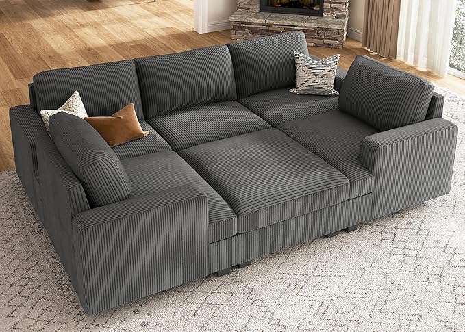 Nolany Modular Sectional Couch with Storage Ottoman, Corduroy Sleeper Sectional Sofa with Chaise, Sectional Couches for Living Room, Dark Grey