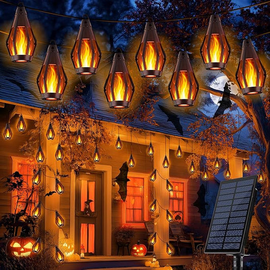 iBaycon Solar Halloween Lights, 42Ft 15 LED Bulbs Flickering Flame String Light, Outdoor Waterproof Solar Flame Lights for Garden Yard Patio Halloween Decorations (Warm White)