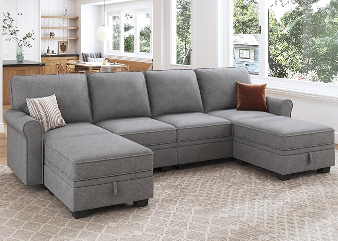 HONBAY Convertible Sectional Sofa with Storage Seat 6 Seat Sofa with Reversible Chaise U Shaped Sectional Couch for Living Room,Light Grey