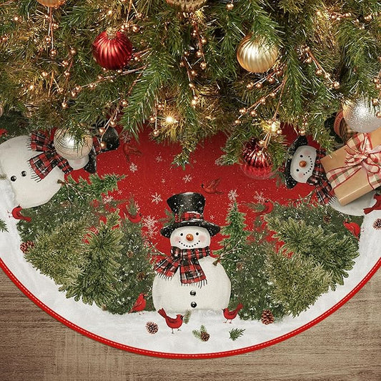 AVOIN colorlife Cardinals Cedar Snowman with Scarf Christmas Tree Skirt, Xmas Winter Holiday Party Tree Mat Indoor Outdoor Decoration 36 Inch