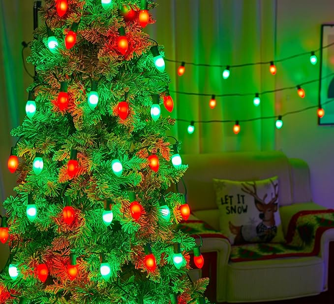 Vintage C9 LED Christmas Lights Outdoor, 50 Feet C9 String Lights with 50 Shatterproof Matte Bulbs, Connectable Waterproof Lights for Holiday Party Roofline Backyard Garden Patio, Red & Green