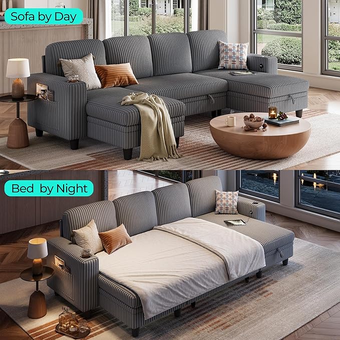 LINSY HOME Sectional Sleeper Sofa with Pull Out Couch Bed - Convertible Plush Corduroy Cloud Couch with Storage Chaise & USB Charging, Comfy U Shaped Modular Couches for Living Room, Grey