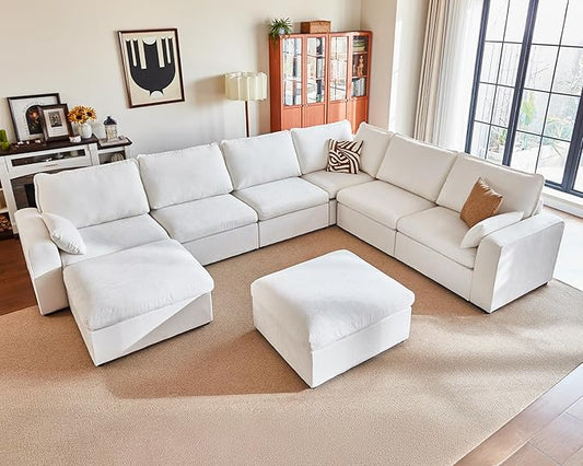 Oversized Modular Sofa Comfy Cloud Couch with Storage, Extra Deep Plush Sectional Sofa Set for Living Room, Covers Washable, Chenille, Olar (White, 8-Seater with Corner & 2 Ottomans, u-Shaped)