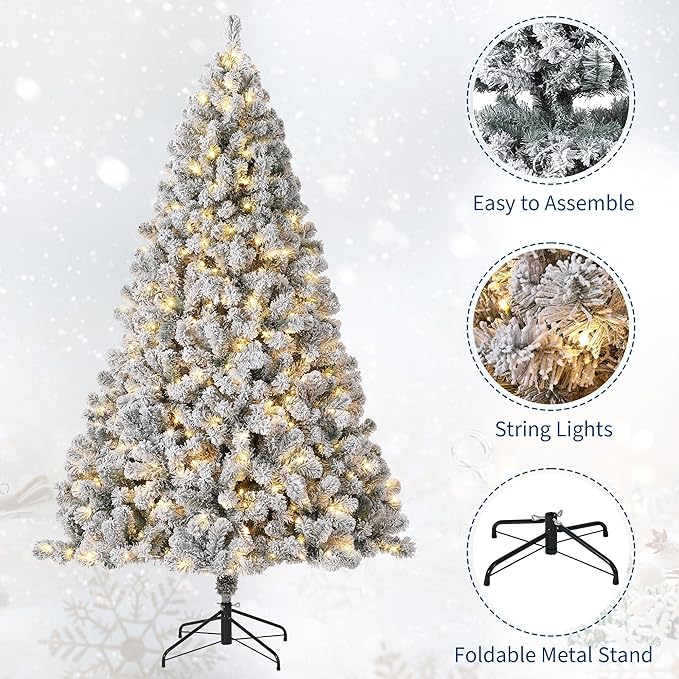 GarveeHome 9ft Prelit Artificial Christmas Tree with Warm White Lights, Snow Flocked Full Xmas Tree with 1800 Branch Tips, 900 LED Lights & Foldable Stand, Green & White Christmas Decorations