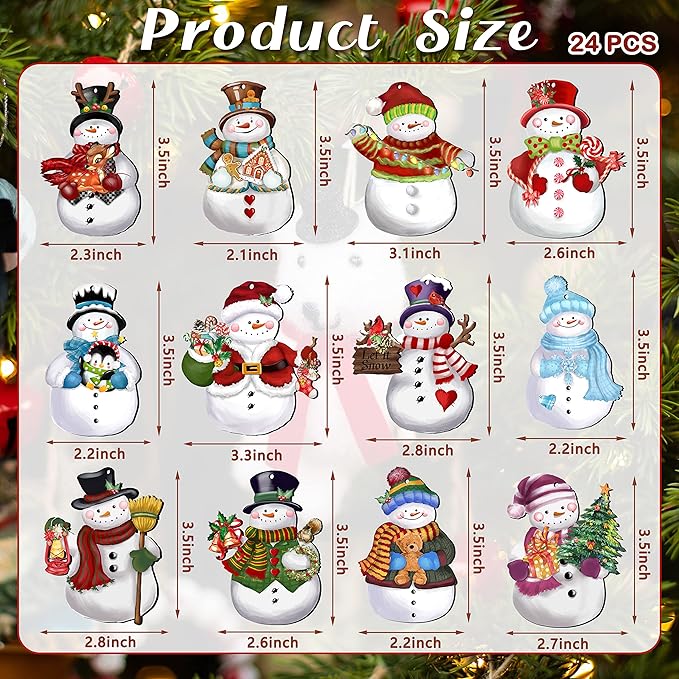 24 Pieces Christmas Snowman Wooden Ornaments Wood Hanging Decoration Set for Christmas Tree Hanging Wood Crafts Holiday Decor Xmas Party Supplies