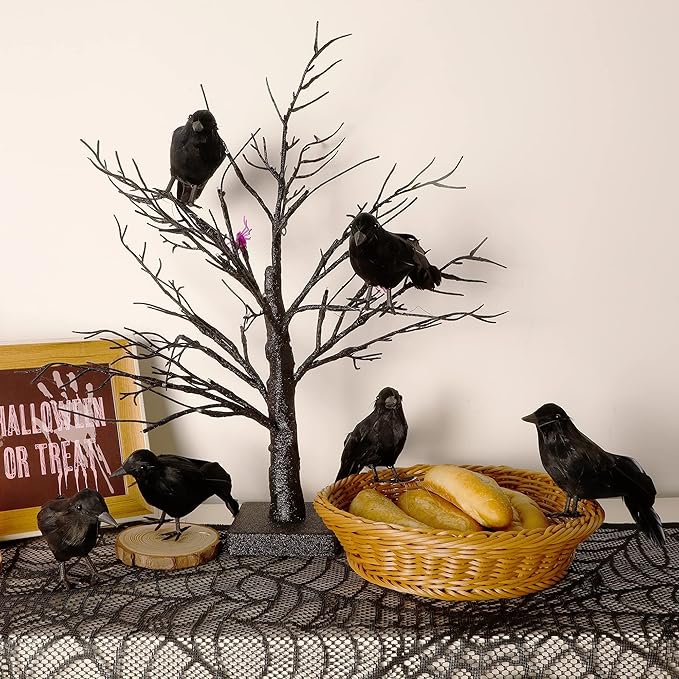 ATDAWN 6 Pack Halloween Black Feathered Crows, Realistic Halloween Birds Decoration for Spooky Decor
