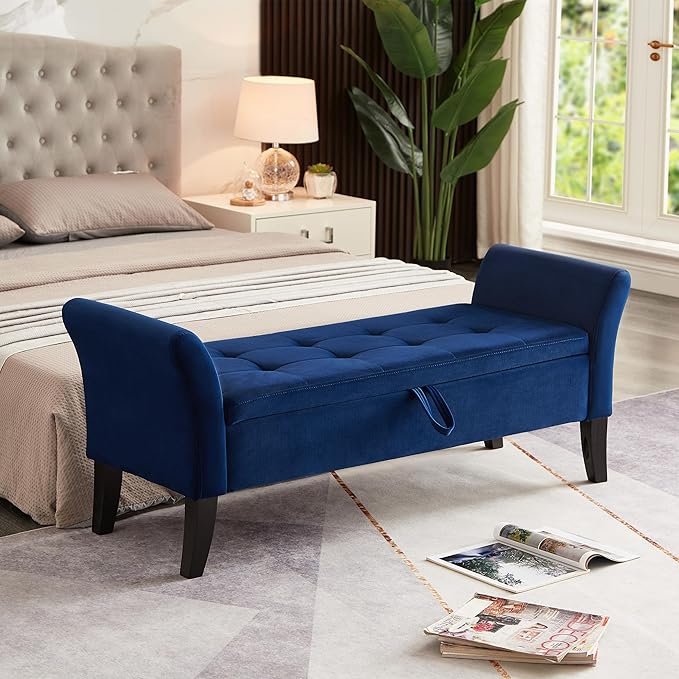 Furniliving Storage Ottoman Bench, Velvet Benches End of Bed Bench with Solid Wood Legs Upholstered Ottoman Bench with Storage Indoor Bench for Living Room with Rolled Arm, Entryway, NavyBlue