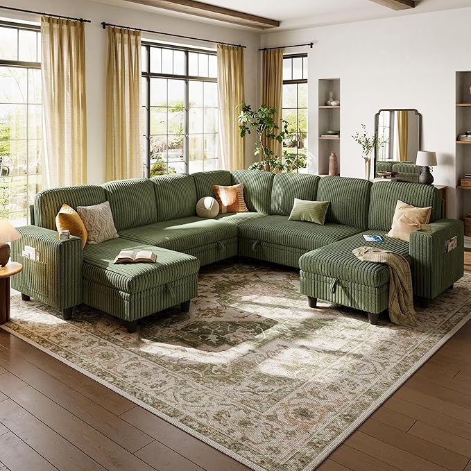LINSY HOME Sectional Sleeper Sofa with Pull Out Couch Bed - Convertible Plush Corduroy Cloud Couch with Storage Chaise & USB Charging, Comfy Modular Couches for Living Room, Green