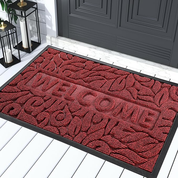 Yimobra Welcome Mat Outdoor Indoor, 29.5x17 Waterproof Door Mat Outside Entrance, All-Weather Non Slip Doormat, Low-Profile Front Door Mat, Porch and Patio Entryway Mat, Wine Red