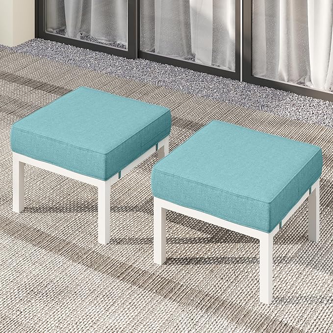 Solaste Outdoor Footstools Patio Ottoman Set of 2, Aluminum All-Weather Outdoor Footrest Seat with Removable Cushions, Patio Furniture Ottomans for Garden, Backyard, Poolside-White