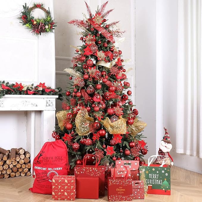 87ct Christmas Ball Ornaments Set Shatterproof Seasonal Hanging Decorations with Reusable Hand-held Gift Package for Xmas Tree Holiday Party and Home Decor, Red