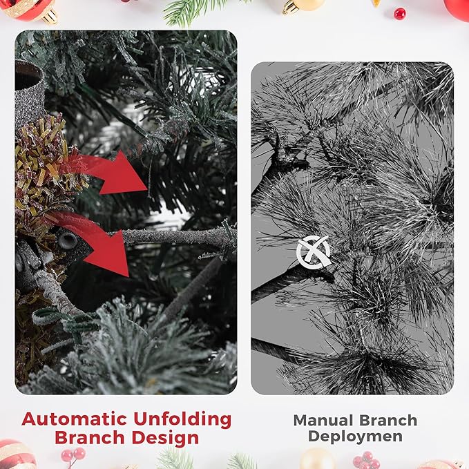 GarveeHome 7.5 FT Lighted Aspen Fir Christmas Tree,Flocked Green Artificial Christmas Tree with Warm White & Twinkle Lights for Indoor,Outdoor, Holiday Décor, Metal Hinges, Foldable Base