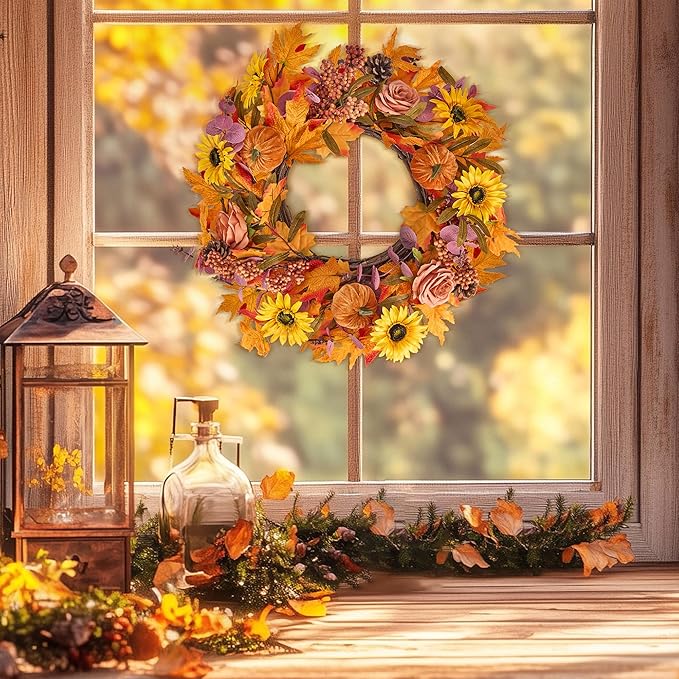 GENMOUS 24Inch Fall Wreaths for Front Door, Autumn Velvet Pumpkin Wreath Autumn Maple Leaves Porch Decor, Farmhouse Wreaths Home Wall Outdoor Indoor Thanksgiving Halloween Harvest Festival Fall Decor