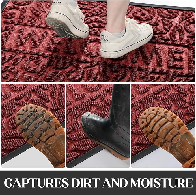 Yimobra Welcome Mat Outdoor Indoor, 29.5x17 Waterproof Door Mat Outside Entrance, All-Weather Non Slip Doormat, Low-Profile Front Door Mat, Porch and Patio Entryway Mat, Wine Red