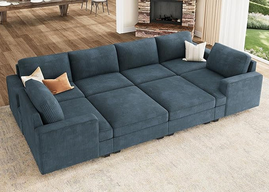 Nolany Sectional Couch with Storage Ottoman, Corduroy Sleeper Sectional Sofa with Chaise, Modular Sectional Couches for Living Room, Blue