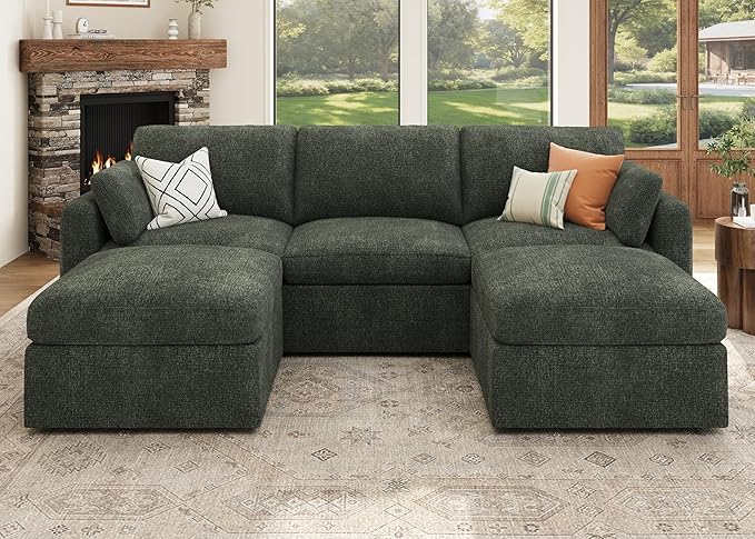 HONBAY Modular Sectional Sofa with Storage Seats, U Shaped Sectional Couch with Storage, Chenille Sectional Couches for Living Room, Green