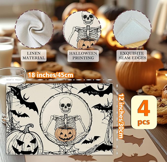 Halloween Skeleton Placemats Set of 4, 12x18 Inch Pumpkin Bats Table Mats, Washable Heat Resistant Place Mats for Kitchen Dining Table, Spooky Themed Decoration for Home-B11