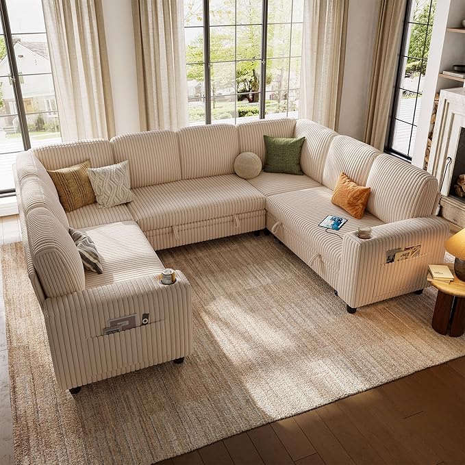 LINSY HOME Sectional Sleeper Sofa with Pull Out Couch Bed - Convertible Plush Corduroy Cloud Couch with Storage Chaise & USB Charging, Comfy Modular Couches for Living Room, Beige