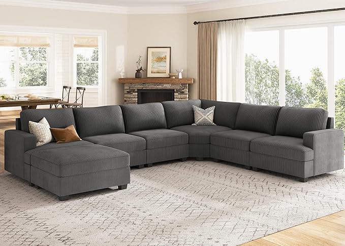 Nolany Dark Grey Corduroy U Shape Modular Sectional Couch with Storage Ottoman, 72.9"D x 128.5"W x 35"H, 6 Seater, Plush, Easy Assembly