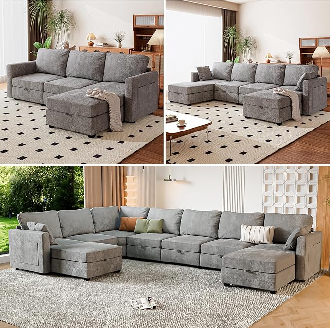 mestyl Modular Sectional Sofa Convertible Sofa Couch Set with Storage for Living Room, Modern 7 Seater Modular Sectional Couch with 2 Movable Ottoman (Grey)