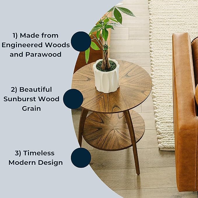 Martin Svensson Home Round Wood Nutmeg Brown Living Room End Side Accent Table Nightstand with Storage Shelf