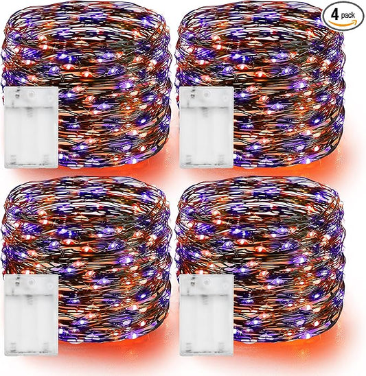 Dazzle Bright Purple and Orange Fairy String Lights, 4 Pack Total 80FT 240LED Copper Wire Battery Operated Waterproof Lights, Halloween Decorations for Indoor Home Outdoor Patio Yard Party Decor
