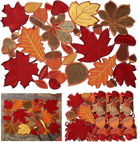 Fall Placemats Set of 6 Thanksgiving Place Mats Fall Autumn Maple Leaf Embroidered Placemats 11 x 17 Inch Thanksgiving Table Place Mats Decorations for Home Dinning Kitchen Autumn Harvest