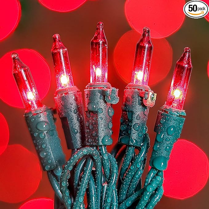 50-Count Red Valentine's Day Lights with Green Wire Waterproof,Mini String Lights for Holiday Decorations, Christmas Tree, Party, Wedding, Xmas, Home, Indoor & Outdoor Use (13ft Long)