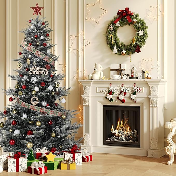 6.5ft Pre-lit Artificial Christmas Tree with Incandescent Warm White Lights, Snow Flocked Full Prelighted Xmas Tree Automatic Branch Tips, UL Listed Lights & Foldable Stand, Green & White