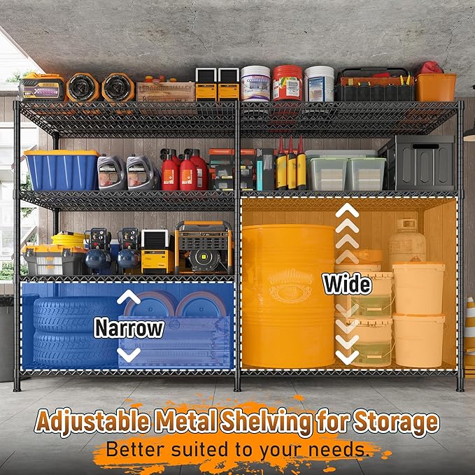 REIBII 81.5''W Storage Shelves 3680LBS Garage Shelving Heavy Duty 4 Tier Metal Shelving Unit Adjustable Wire Shelf and Storage Pantry Shelves for Kitchen Garage，81.5Wx23.62Dx70.86H，Black