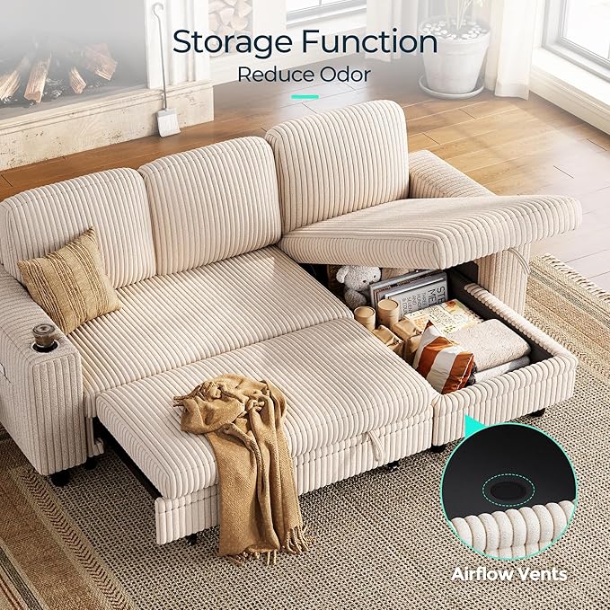 LINSY HOME Sectional Sleeper Sofa with Pull Out Couch Bed - Convertible Plush Corduroy Cloud Couch with Storage Chaise & USB Charging, Comfy L Shaped Modular Couches for Living Room Apartment, Beige