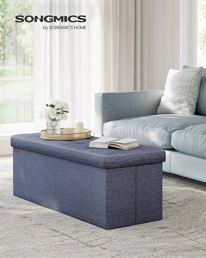 SONGMICS MAZIE Collection - 43 Inches Folding Storage Ottoman Bench, Ottoman Foot Rest, End of Bed Bench, Storage Chest, Load 660 lb, for Living Room, Bedroom, Entryway, Misty Blue ULSF077Q01