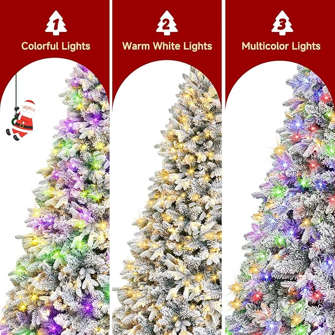 6.5ft Pre-lit Artificial Christmas Tree with Remote, Snow Flocked Xmas Trees Rotating & Foldable Stand, RGB & Warm White Light for Home Decor