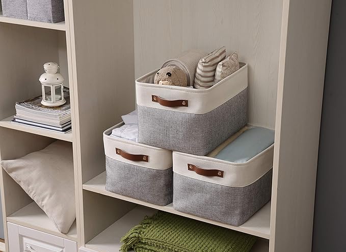 DECOMOMO Storage Baskets for Shelves - Fabric Closet Organizers and Storage Bins, Perfect Baskets for Organizing Closet Toys Nursery (Grey and White, XL - 4 Pack)