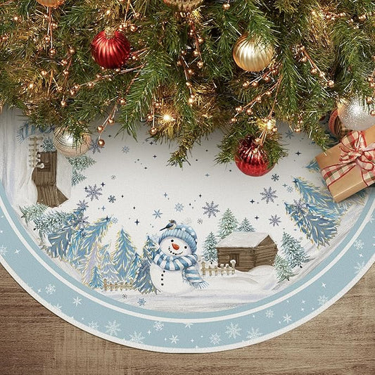AVOIN colorlife Snowflake Snowman Cardinal Christmas Tree Skirt 36 Inch, Winter Holiday Tree Mat Decoration